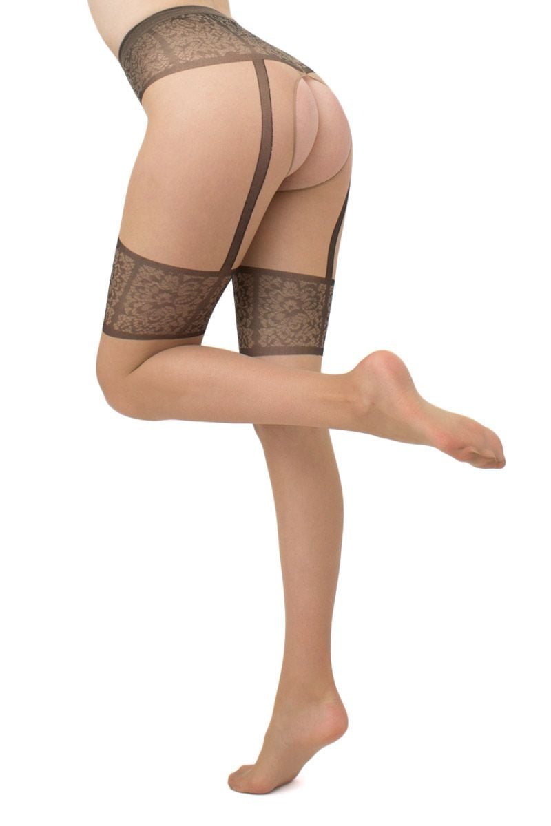 Béžové vzorované crotchless punčochy Intimo Noir 20DEN