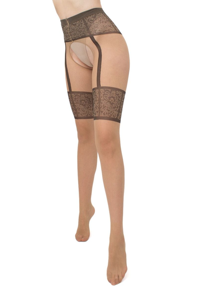 Béžové vzorované crotchless punčochy Intimo Noir 20DEN