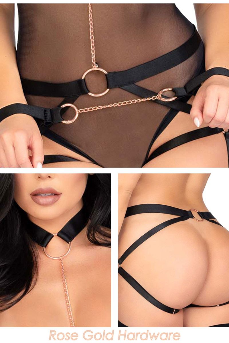 Černé body harness ramínka s řetízkem KI4042