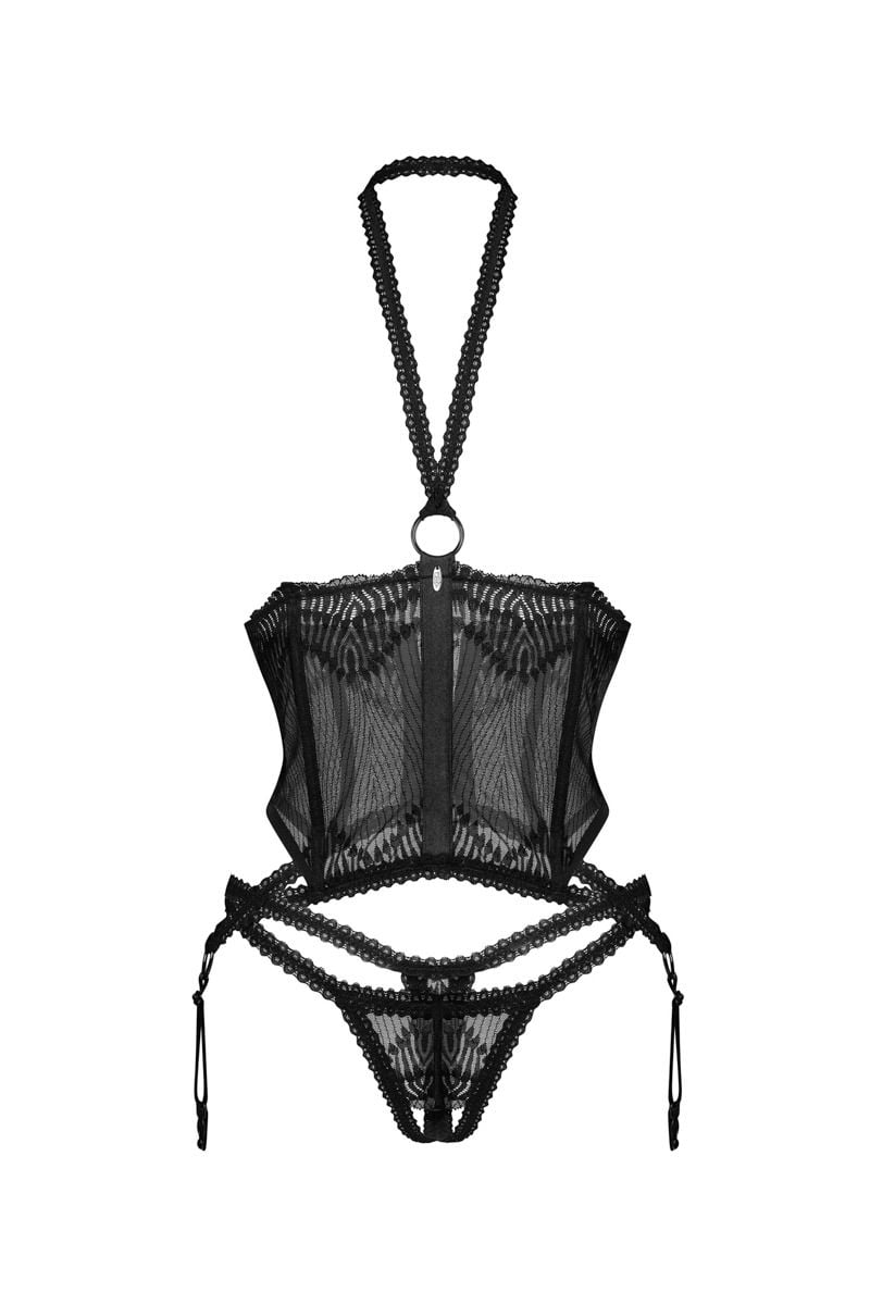Černý open-bra korzet s crotchless kalhotkami Alliane